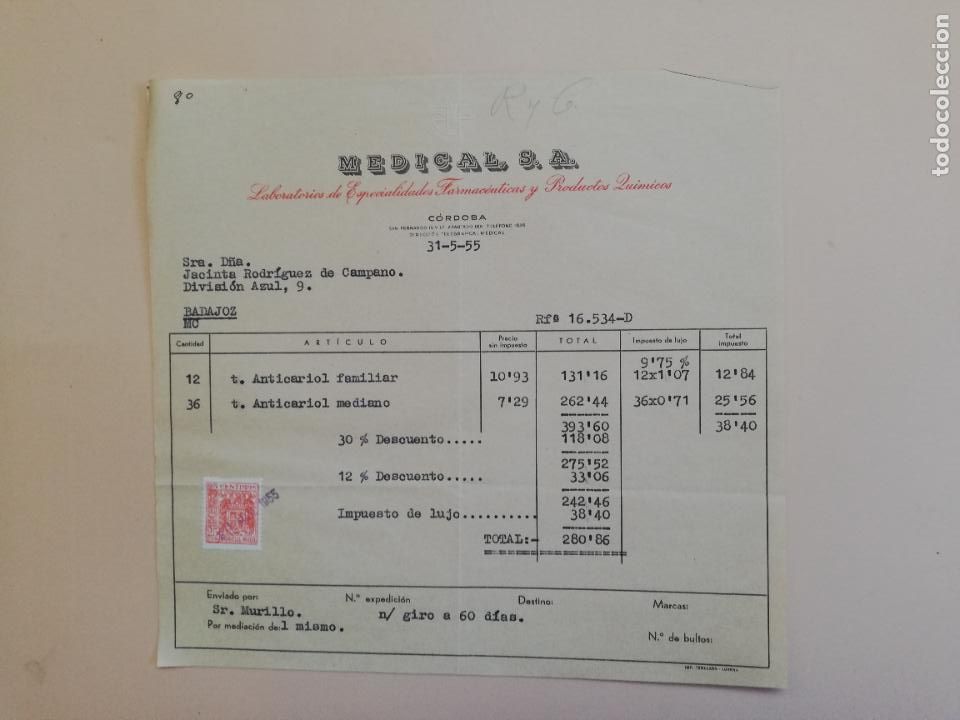 Alte Rechnungen: FACTURA. LABORATORIOS DE ESPECIALIDADES FARMACEUTICAS. MEDICAL, S. A. CORDOBA. 1955.