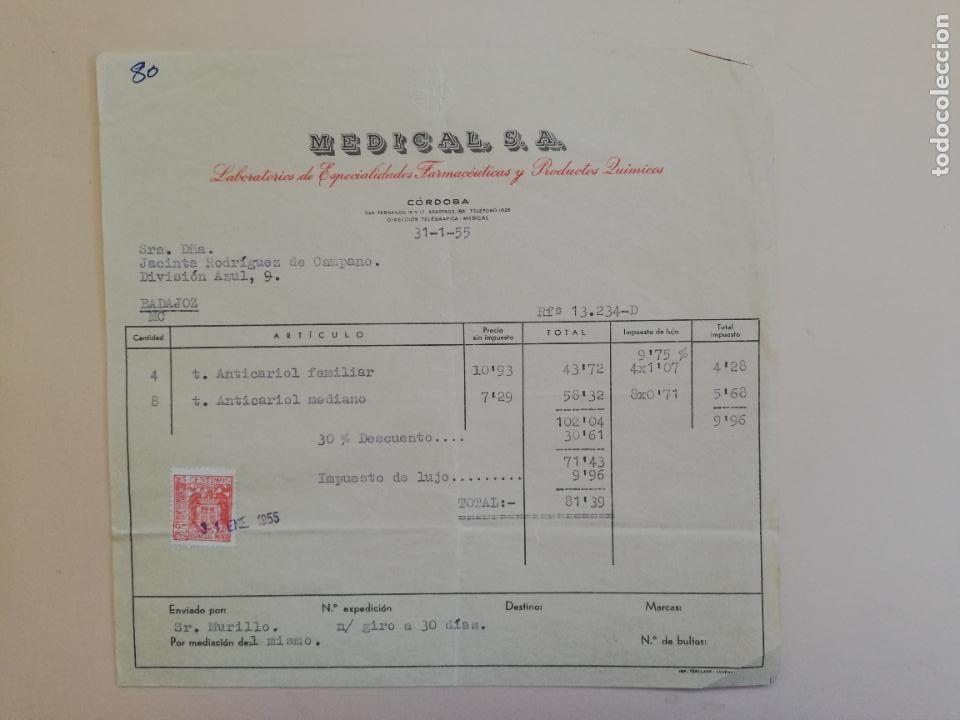 Alte Rechnungen: FACTURA. LABORATORIOS DE ESPECIALIDADES FARMACEUTICAS. MEDICAL, S. A. CORDOBA. 1955.