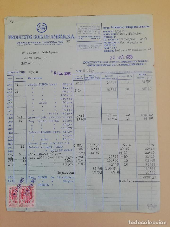 Facturas antiguas: FACTURA. PERFUMERIA Y DETERGENTES DOMESTICOS. PRODUCTOS GOTA DE AMBAR, S. A. BADAJOZ, 1955.