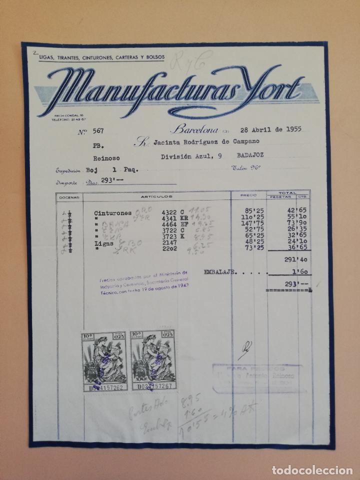 Alte Rechnungen: FACTURA. LIGAS. TIRANTES. CINTURONES. CARTERAS. MANIUFACTURAS YORT. BARCELONA. 1955.