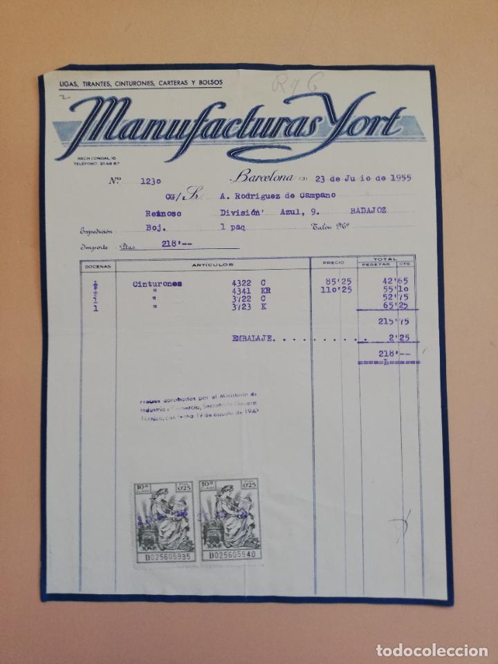 Alte Rechnungen: FACTURA. LIGAS. TIRANTES. CINTURONES. CARTERAS. MANIUFACTURAS YORT. BARCELONA. 1955.