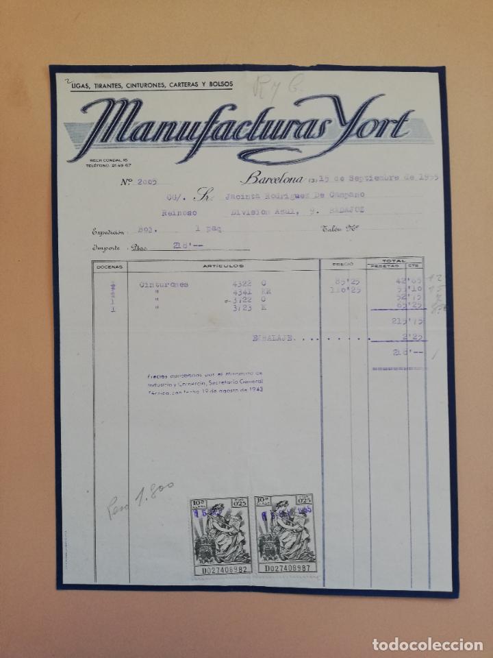Alte Rechnungen: FACTURA. LIGAS. TIRANTES. CINTURONES. CARTERAS. MANIUFACTURAS YORT. BARCELONA. 1955.