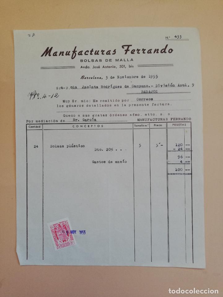 Alte Rechnungen: FACTURA. BOLSAS DE MALLA. MANUFACTURAS FERRANDO. BARCELONA. 1955.