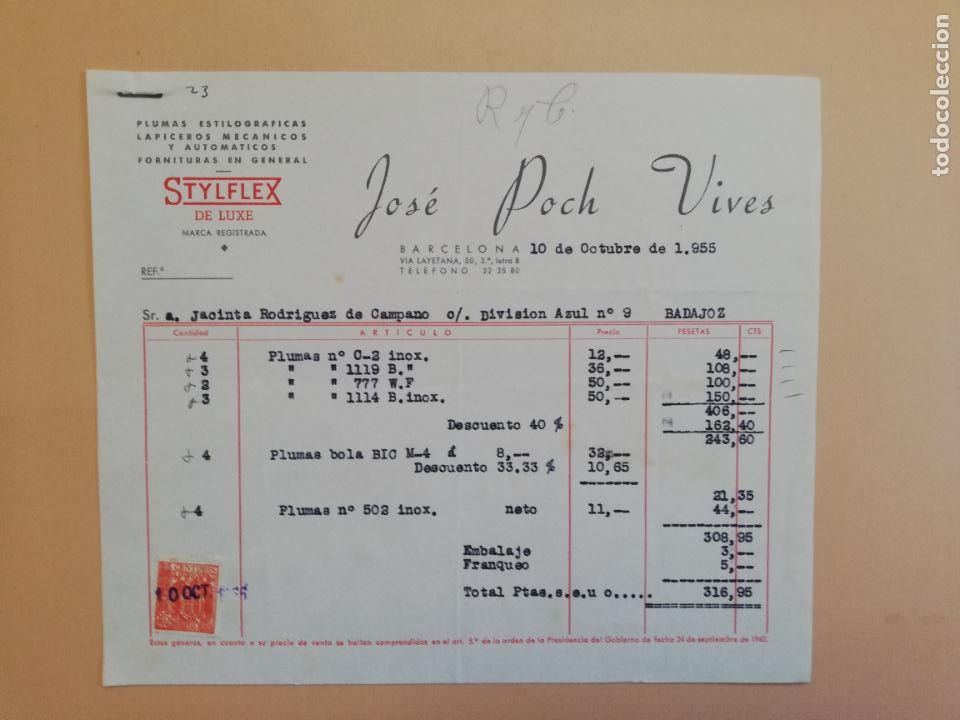 Alte Rechnungen: FACTURA. PLUMAS ESTILOGRAFICAS. LAPICEROS MECANICOS. STYFLEX. JOSE POCH VIVES. BARCELONA. 1955.
