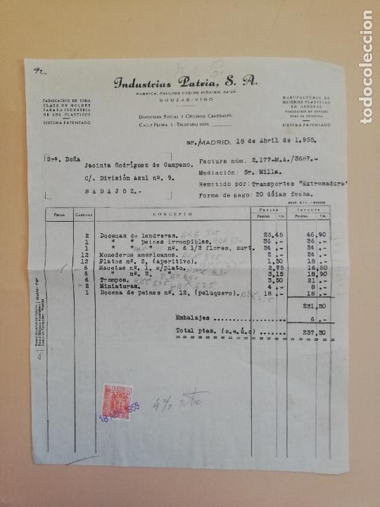 Alte Rechnungen: FACTURA. FABRICACION DE MOLDES PARA LA INDUSTRIA DE LOS PLASTICOS. INDUSTRIAS PATRIA, MADRID. 1955.