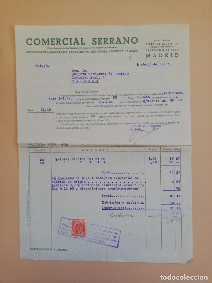 Alte Rechnungen: FACTURA. ARTICULOS DE LABORATORIO. SANEAMIENTO. COMERCIAL SERRANO, MADRID. 1955.
