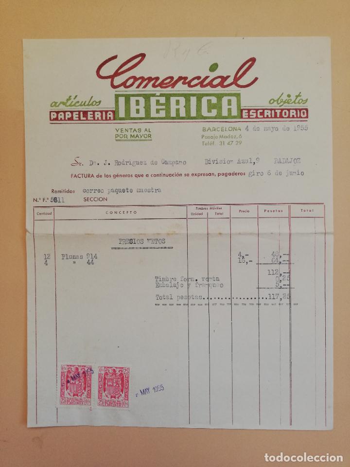 Alte Rechnungen: FACTURA. ARTICULOS PAPELERIA ESCRITORIO. COMERCIAL IBERICA. BARCELONA, 1955.