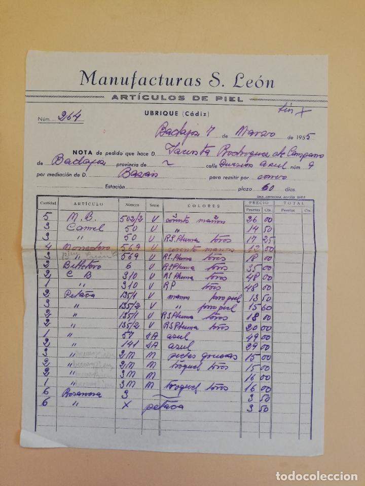 Alte Rechnungen: FACTURA. ARTICULOS ARTICULOS DE PIEL. MANUFACTURAS S. LEON. UBRIQUE, CADIZ, 1955.