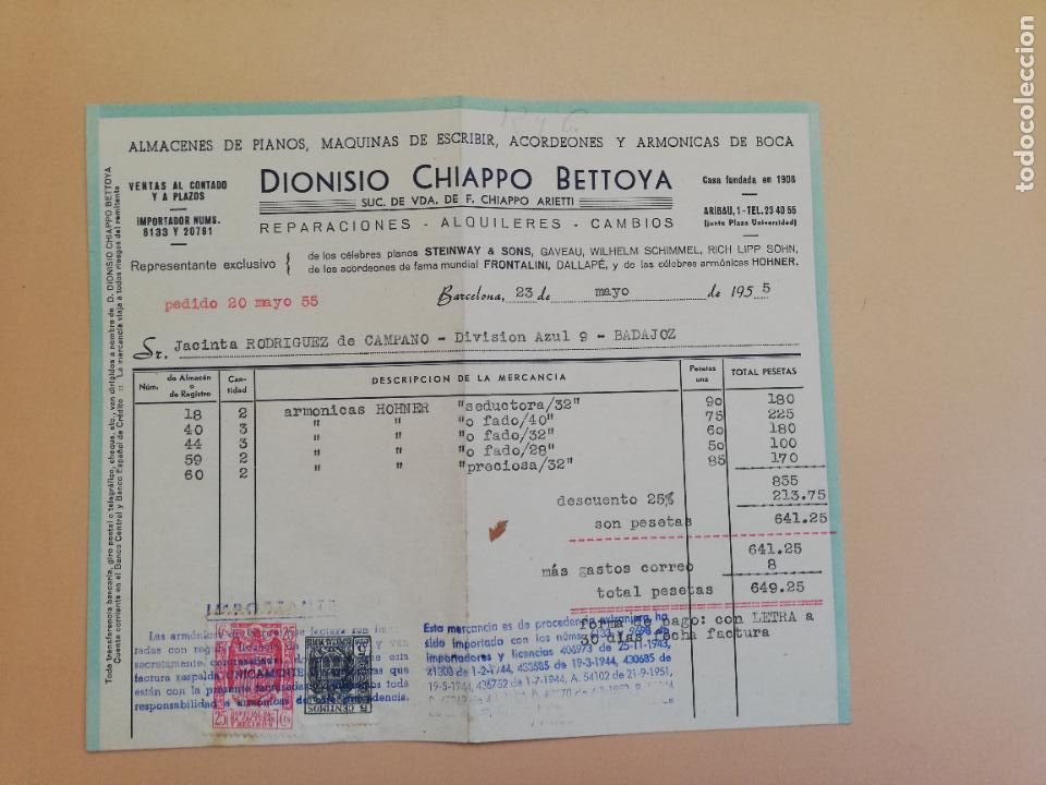 Alte Rechnungen: FACTURA. ALMACENES DE PIANOS. MAQUINAS DE ESCRIBIR. DIONISIO CHIAPPO BETTOYA. BARCELONA, 1955.
