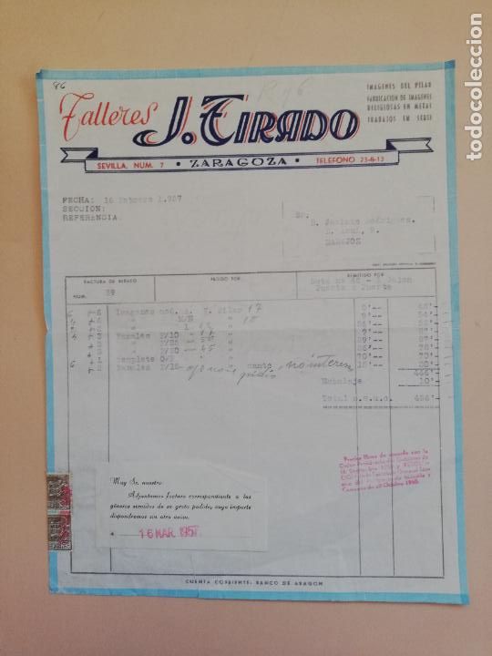 Alte Rechnungen: FACTURA. TALLERES J. TIRADO. ZARAGOZA, 1957.