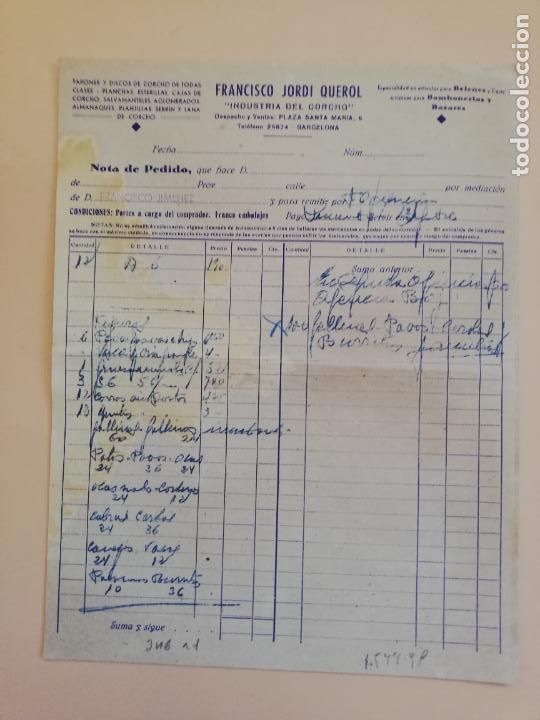 Fatture antiche: FACTURA. TAPONES Y DISCOS DE CORCHO DE TODAS CLASES. FRANCISCO JORDI QUEROL. BARCELONA, 1949.