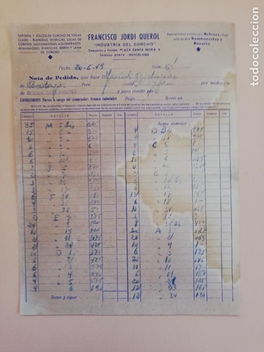 Fatture antiche: FACTURA. TAPONES Y DISCOS DE CORCHO DE TODAS CLASES. FRANCISCO JORDI QUEROL. BARCELONA, 1949.