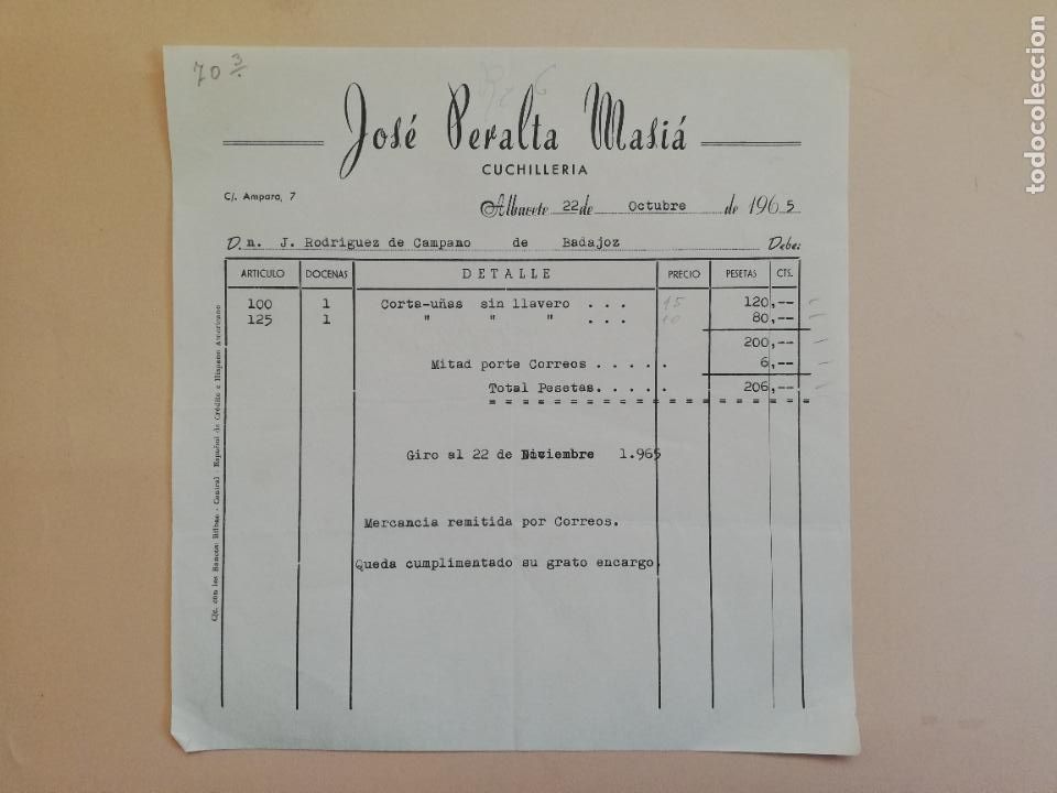 Fatture antiche: FACTURA. CUCHILLERIA. JOSE PERALTA MASIA. ALBACETE, 1965.