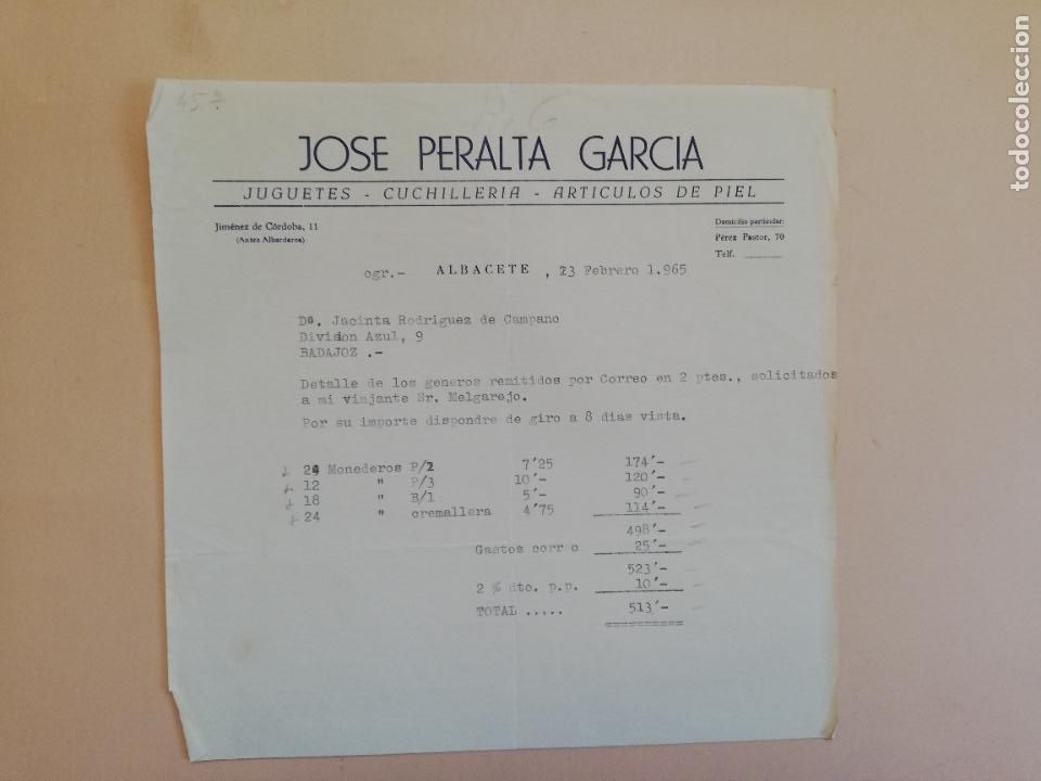 Fatture antiche: FACTURA. CUCHILLERIA. JUGUETES. ARTICULOS DE PIEL. JOSE PERALTA GARCIA. ALBACETE, 1965.