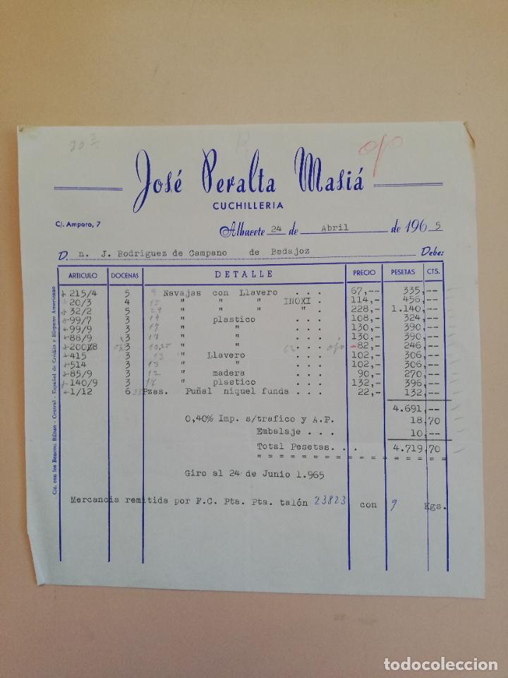 Fatture antiche: FACTURA. CUCHILLERIA. JOSE PERALTA MASIA. ALBACETE, 1965.