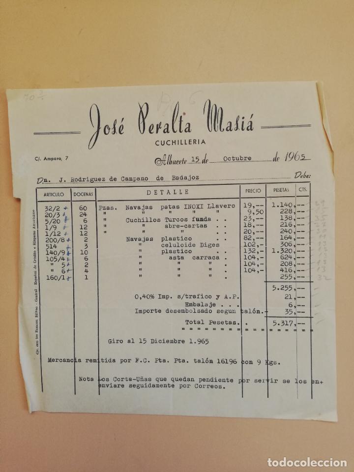 Fatture antiche: FACTURA. CUCHILLERIA. JOSE PERALTA MASIA. ALBACETE, 1965.