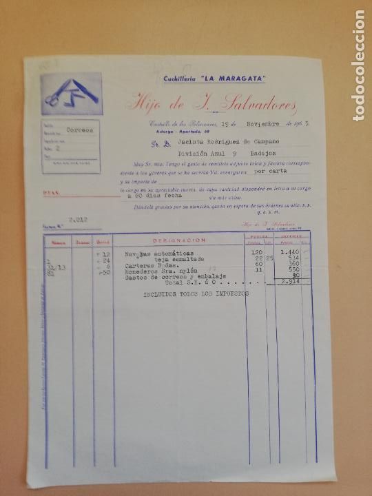Fatture antiche: FACTURA. CUCHILLERIA LA MARAGATA. HIJO DE J. SALVADORES. CASTRILLO DE LOS POLVAZARES, ASTORGA. 1965.