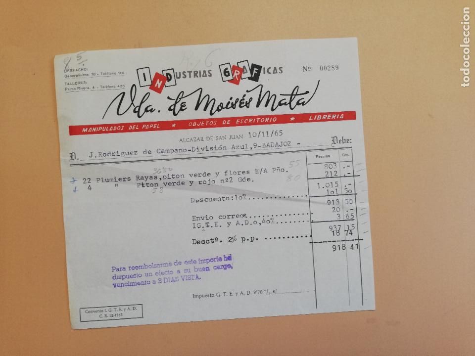Fatture antiche: FACTURA. INDUSTRIAS GRAFICAS. VDA. DE MOISES MATA. ALCAZAR DE SAN JUAN, CIUDAD REAL. 1965.