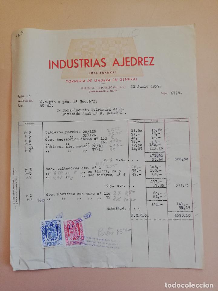 Fatture antiche: FACTURA. INDUSTRIAS AJEDREZ. JOSE FURNOLS. TORNERIA DE MADERA. SAN PEDRO DE TORELLO, BARCELONA. 1957