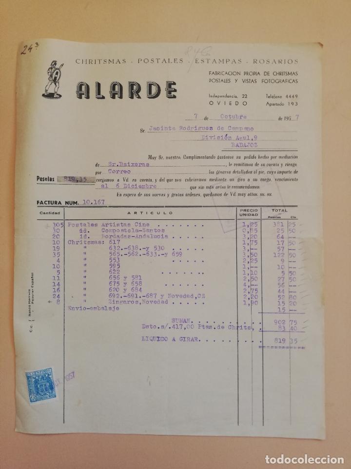 Fatture antiche: FACTURA. CHRITSMAS. POSTALES. ESTAMPAS. ROSARIOS. ALARDE. OVIEDO. 1957.