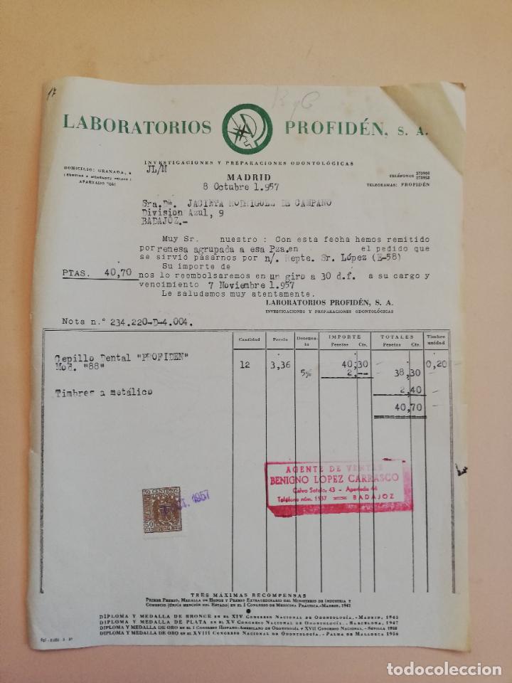 Facturas antiguas: FACTURA. LABORATORIOS PROFIDEN. MADRID. 1957. - Foto 1