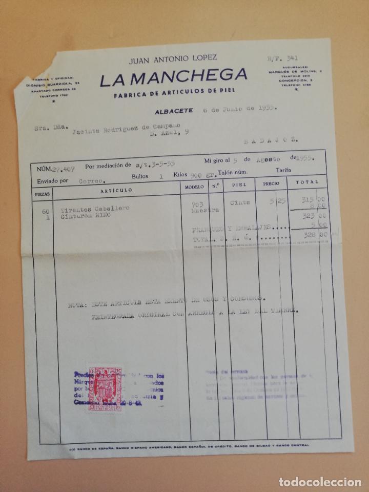 Fatture antiche: FACTURA. FABRICA DE ARTICULOS DE PIEL. JUAN ANTONIO LOPEZ. ALBACETE. 1955.