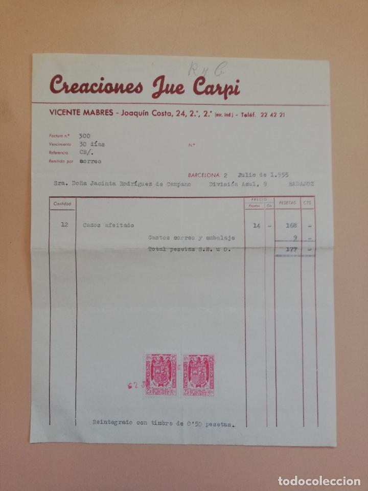 Fatture antiche: FACTURA. CREACIONES JUE CARPI. BARCELONA. 1955.