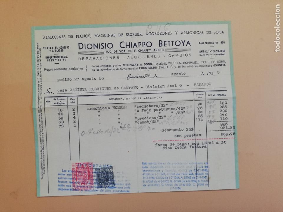 Fatture antiche: FACTURA. ALMACENES DE PIANOS. MAQUINAS DE ESCRIBIR. DIONISIO CHIAPPO BETTOYA. BARCELONA, 1955.