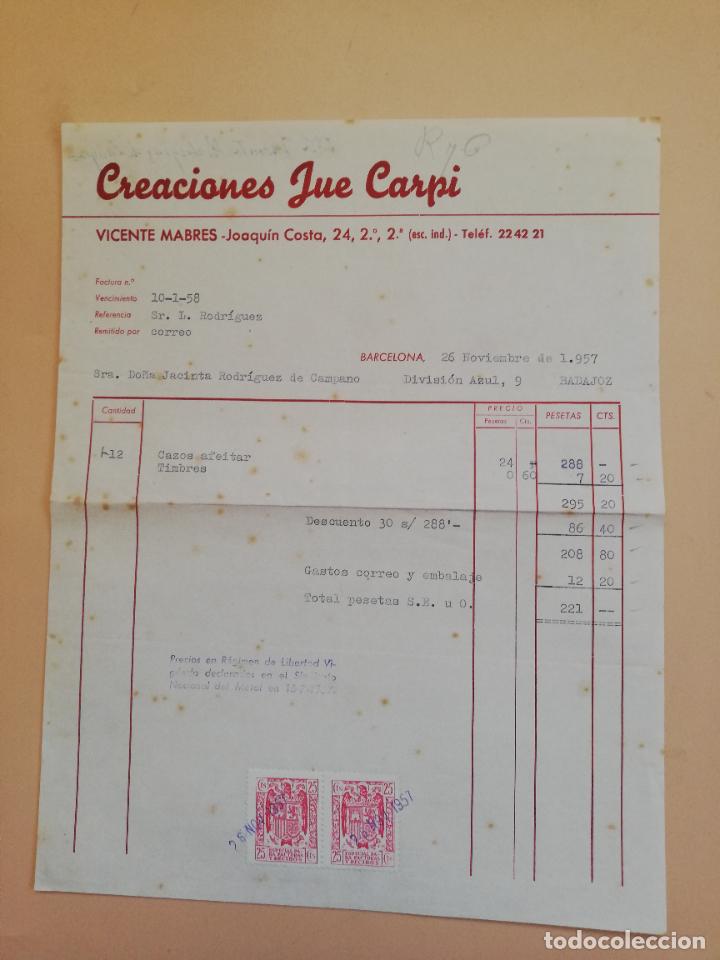 Fatture antiche: FACTURA. CREACIONES JUE CARPI. BARCELONA. 1957.
