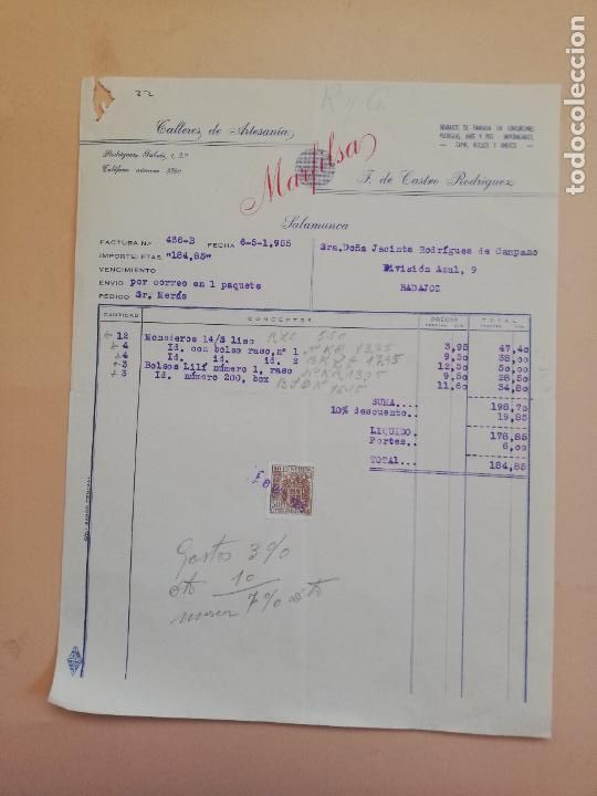 Fatture antiche: FACTURA. TALLERES DE ARTESANIA. MARFILSA. F. DE CASTRO RODRIGUEZ. SALAMANCA. 1955.