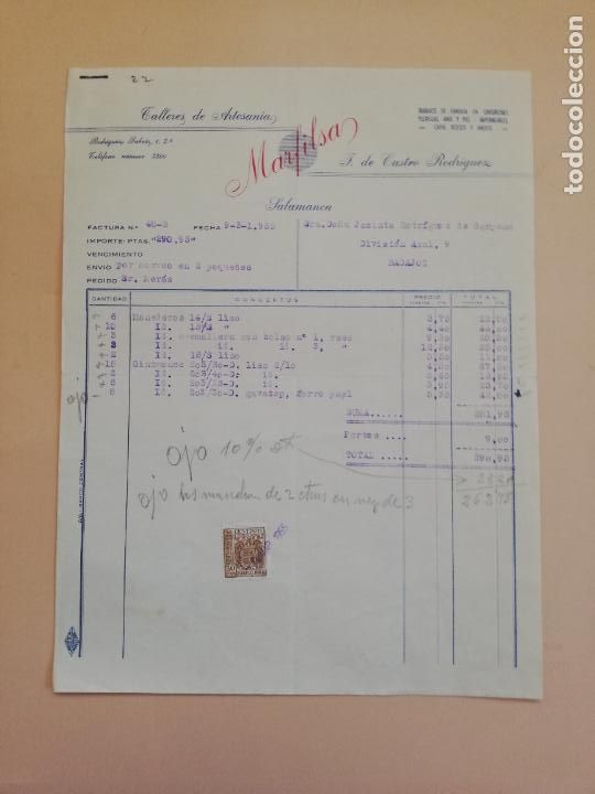 Fatture antiche: FACTURA. TALLERES DE ARTESANIA. MARFILSA. F. DE CASTRO RODRIGUEZ. SALAMANCA. 1955.