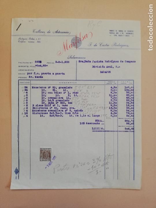 Fatture antiche: FACTURA. TALLERES DE ARTESANIA. MARFILSA. F. DE CASTRO RODRIGUEZ. SALAMANCA. 1955.