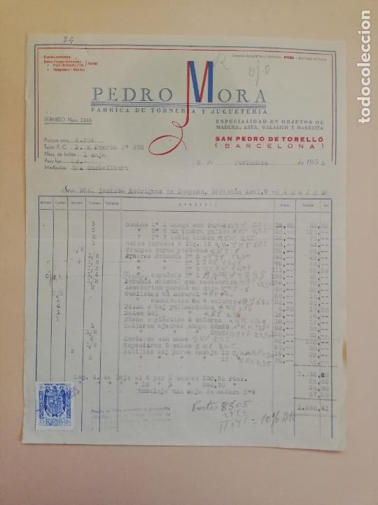 Fatture antiche: FACTURA. FABRICA DE TORNERIA Y JUGUETERIA. PEDRO MORA. SAN PEDRO DE TORELLO, BARCELONA. 1955.