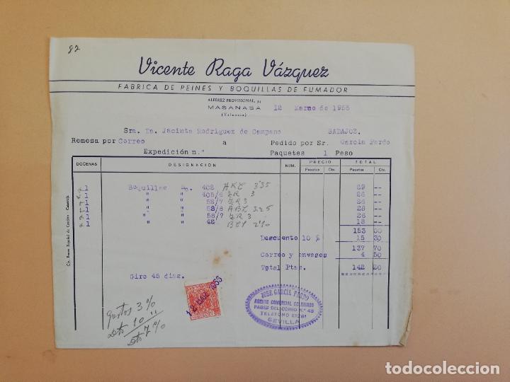 Fatture antiche: FACTURA. FABRICA DE PEINES Y BOQUILLAS DE FUMADOR. VICENTE RAGA VAZQUEZ. MASANASA, VALENCIA 1955.