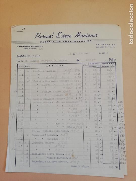 Fatture antiche: FACTURA. FABRICA DE LOZA MAYOLICA. PASCUAL ESTEVE MONTANER. MANISES, VALENCIA. 1955. DOS HOJAS.