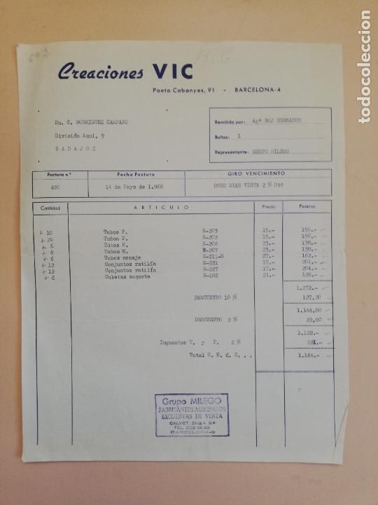 Fatture antiche: FACTURA. CREACIONES VIC. BARCELONA. 1966.