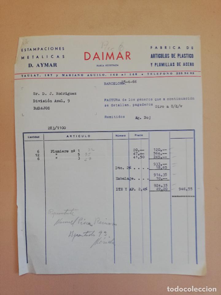 Fatture antiche: FACTURA. ESTAMPACIONES METALICAS D. AYMAR. DAIMAR. ARTICULOS DE PLASTICOS. BARCELONA. 1966.