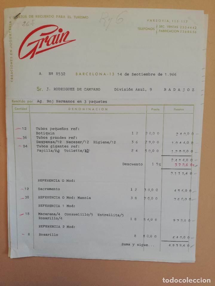 Fatture antiche: FACTURA. CREACIONES EN JUGUETERIA. OBJETOS RECUERDO PARA EL TURISMO. GRAIN. BARCELONA. 1966. 2 HOJAS