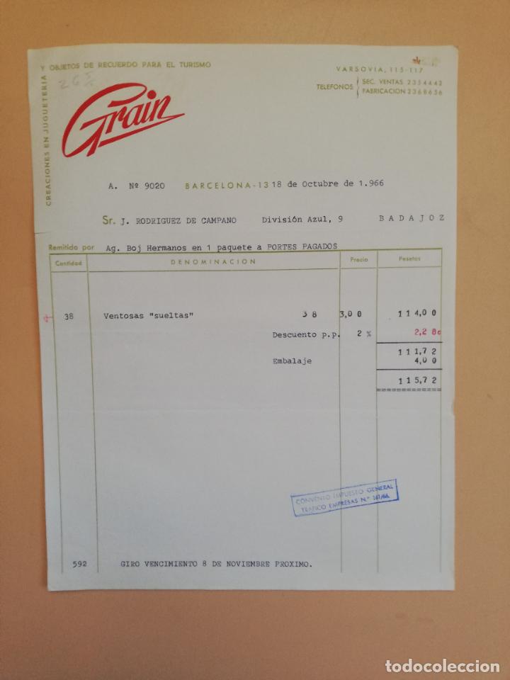 Fatture antiche: FACTURA. CREACIONES EN JUGUETERIA. OBJETOS DE RECUERDO PARA EL TURISMO. GRAIN. BARCELONA. 1966.