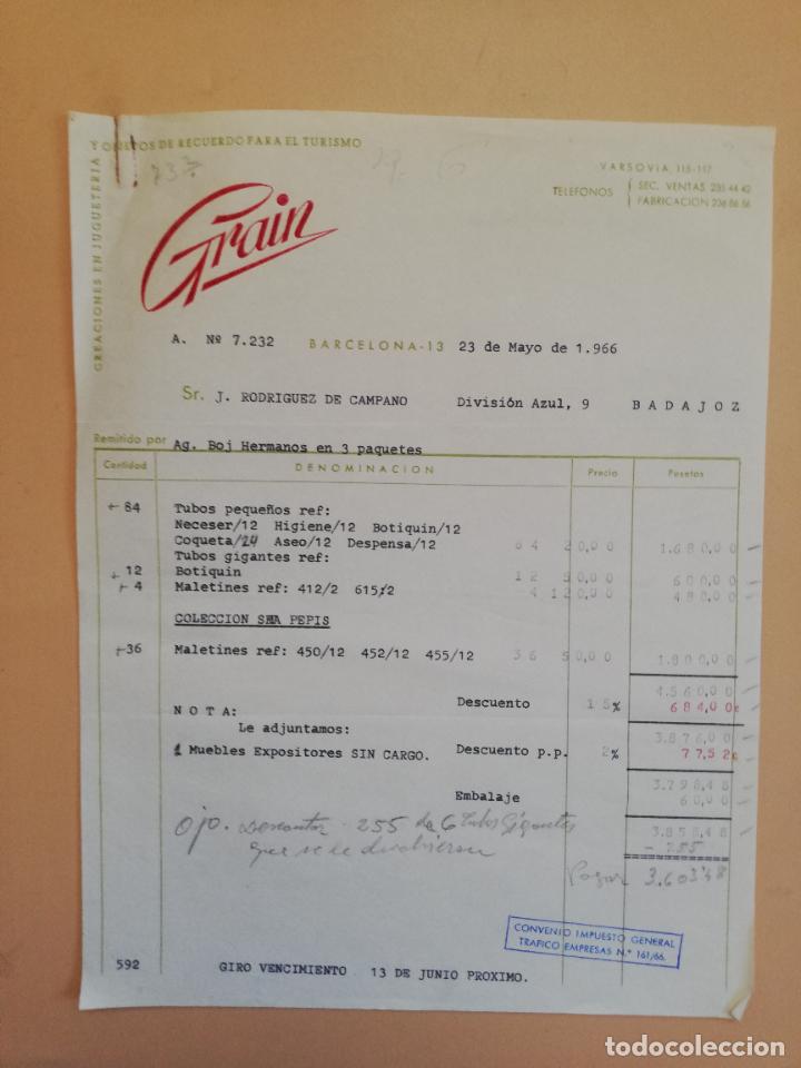Fatture antiche: FACTURA. CREACIONES EN JUGUETERIA. OBJETOS DE RECUERDO PARA EL TURISMO. GRAIN. BARCELONA. 1966.