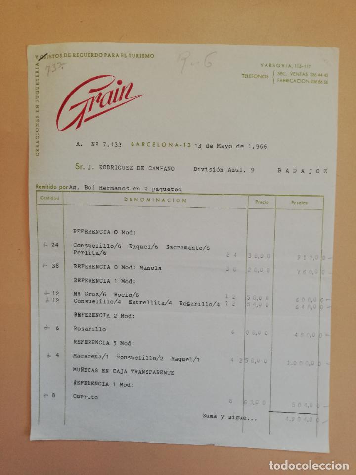 Fatture antiche: FACTURA. CREACIONES EN JUGUETERIA. OBJETOS DE RECUERDO PARA EL TURISMO. GRAIN. BARCELONA. 1966.