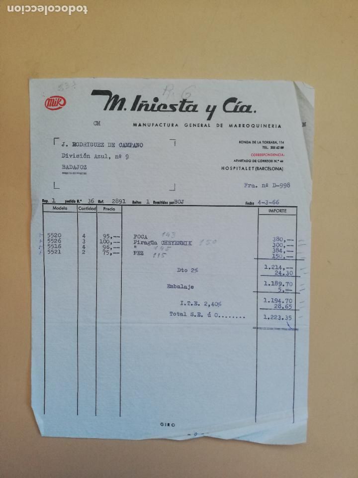 Fatture antiche: FACTURA. MANUFACTURA GENERAL DE MARROQUINERIA. MIK, M. I&Ntilde;IESTA Y CIA. HOSPITALET, BARCELONA, 1966.