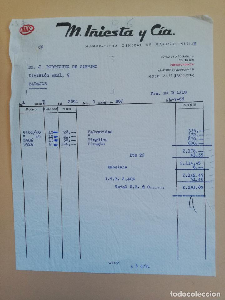 Fatture antiche: FACTURA. MANUFACTURA GENERAL DE MARROQUINERIA. MIK, M. I&Ntilde;IESTA Y CIA. HOSPITALET, BARCELONA, 1966.