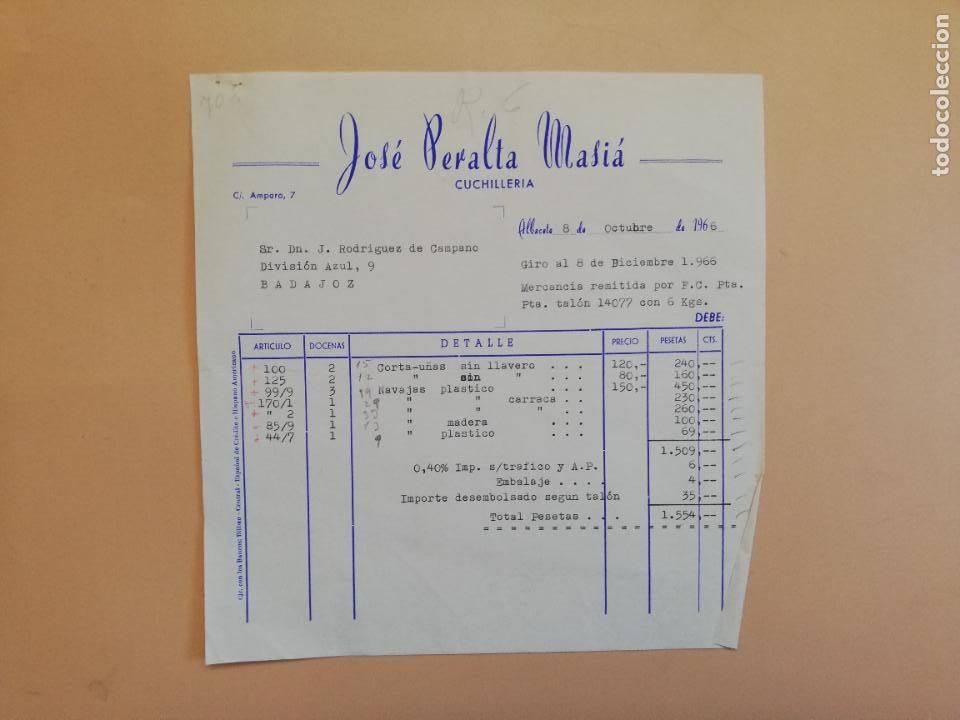 Fatture antiche: FACTURA. CUCHILLERIA. JOSE PERALTA MASIA. ALBACETE, 1966.