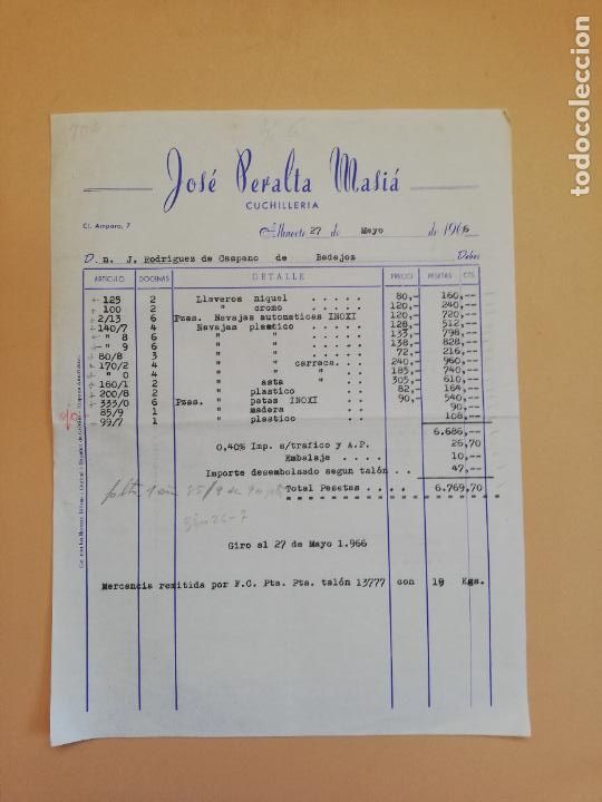 Fatture antiche: FACTURA. CUCHILLERIA. JOSE PERALTA MASIA. ALBACETE, 1966.