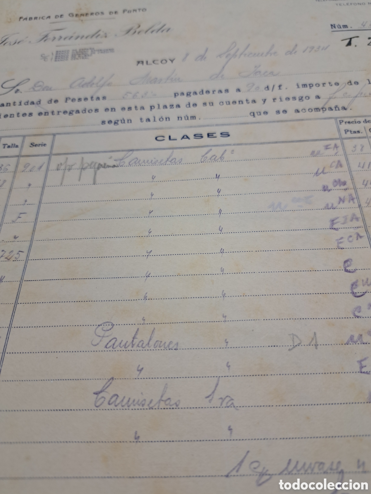 Fatture antiche: Jos&eacute; Ferr&aacute;ndiz f&aacute;brica de punto al coy 1934