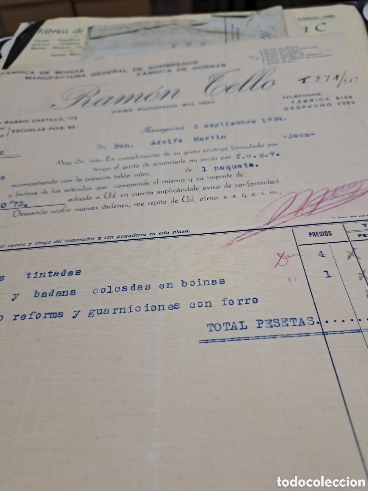 Fatture antiche: Ram&oacute;n tello f&aacute;brica de boinas zaragoza 1934