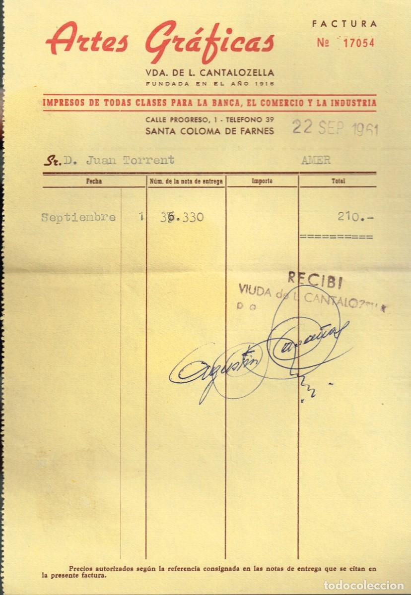 Factures anciennes: 1961 Factura + Sobre de Artes Gr&aacute;ficas Vda. de L. Cantalozella Santa Coloma de Farnes (Farners)