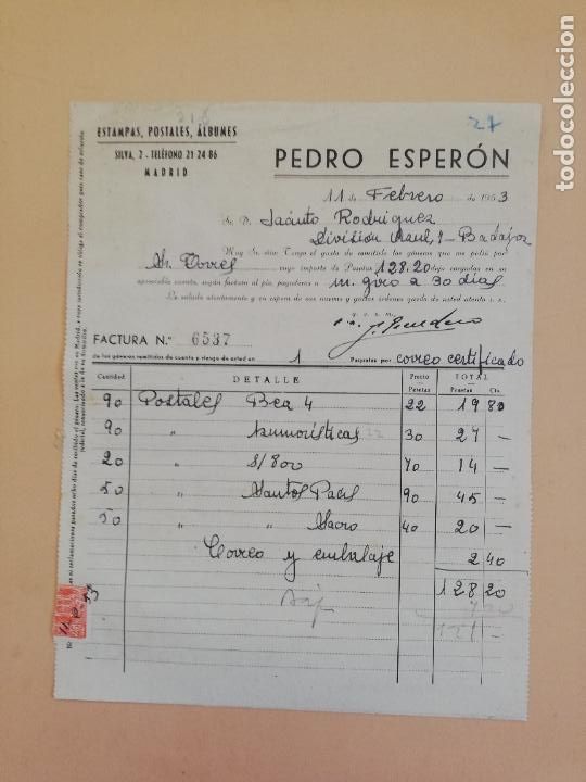 Fatture antiche: FACTURA. ESTAMPAS, POSTALES, ALBUMES. PEDRO ESPERON. MADRID. 1953.