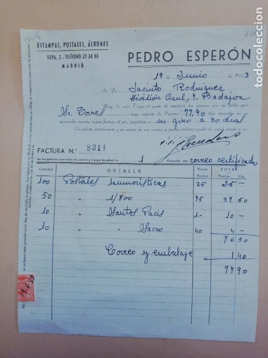 Fatture antiche: FACTURA. ESTAMPAS, POSTALES, ALBUMES. PEDRO ESPERON. MADRID. 1953.